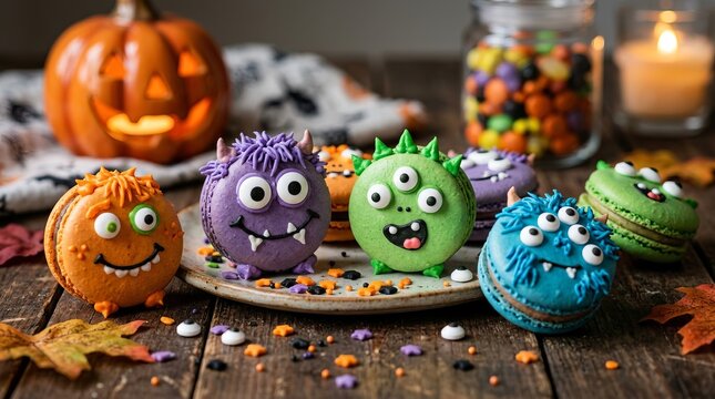 Colorful Halloween themed cake pops with spooky and cheerful faces displayed on wooden table.