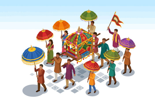 Isometric Traditional Nepali Wedding Procession with People Carrying a Decorated Palki and Umbrellas