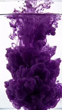 Purple Ink Droplets Dissolving in Clear Water - A vibrant purple ink cloud slowly dissolves and spreads through clear water, creating an abstract and mesmerizing visual effect.