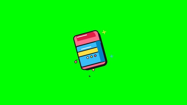 Vibrant MBE style animated eraser icon with thick black outlines and colorful accents floating on a solid green screen background