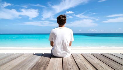 Hombre sentado de espaldas sobre un muelle de madera contemplando un mar turquesa bajo cielo azul © EBG Stock Studio