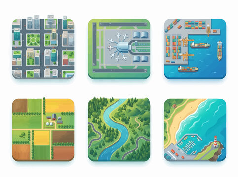 Set of isometric map tiles featuring various landscapes and infrastructure.