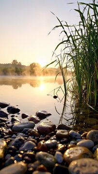 Sunrise Over Calm River with Reeds and Stones - Gentle morning mist rises from a tranquil river reflecting the golden sunrise.