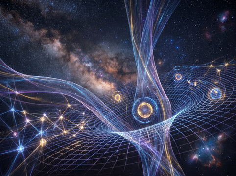 Cosmic spacetime fabric and quantum mechanics visualization with glowing energy waves, wormhole, and galaxy background, conceptual science illustration