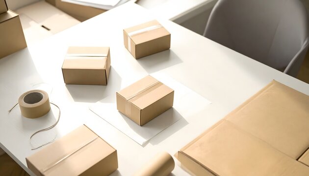Cajas de cart&oacute;n peque&ntilde;as sobre una mesa de trabajo con documentos y taza de caf&eacute; en un entorno de preparaci&oacute;n de pedidos