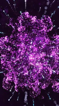 Glowing Purple Cloud Particle Explosion Seamless Loop - A mesmerizing visual featuring a vibrant, glowing purple cloud composed of luminous particles that explodes outwards.