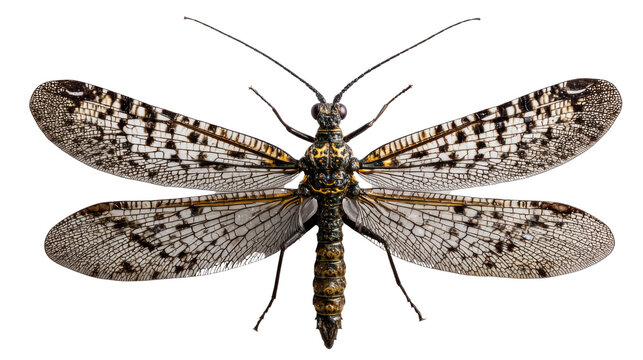 Symmetrical patterned antlion insect with spread mottled wings and long antenna, detailed macro nature photo on white background