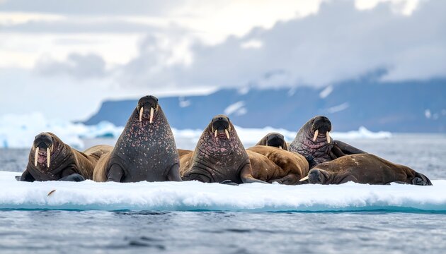 Grupo de morsas descansando sobre una placa de hielo flotante en un paisaje marino polar