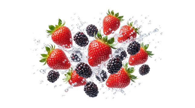 Fresh strawberries and blackberries splashing in water, ripe red berries with water droplets, fruit explosion on white background
