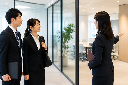 会議室を案内する女性社員とオフィス見学をする若いスーツ姿の男女