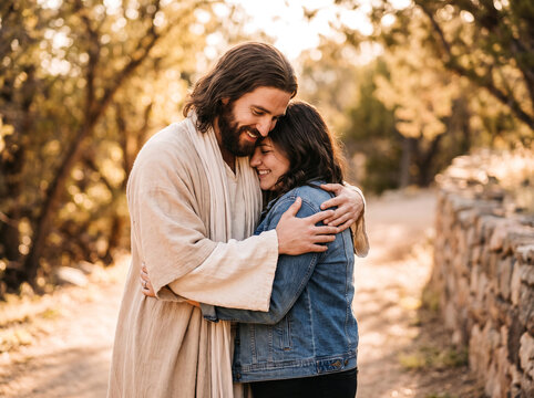 Emotional moment of a woman hugging a person dressed as Jesus Christ on a path in nature