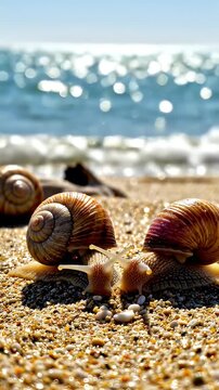 Two Snails on Sandy Beach with Ocean Waves - Two snails with colorful shells slowly moving towards each other on a sandy beach.