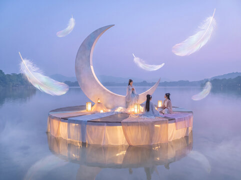 Three Asian women in traditional hanfu sitting on a giant crescent moon platform floating on a calm lake at dusk with glowing lanterns and floating feathers
