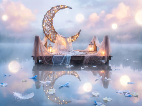Dreamy Floating Moon and Draped Fabric on Wooden Platform in Misty Lake with Floating Feathers and Glowing Lights
