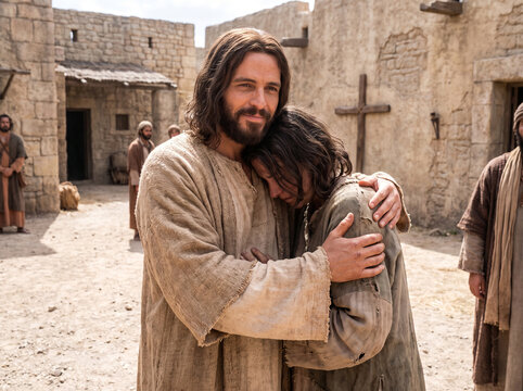 Jesus Embracing and Comforting a Person in a Biblical Village Setting
