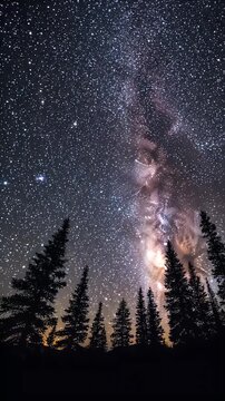 Vibrant Milky Way Above Silhouetted Pine Forest at Night - A breathtaking view of the Milky Way galaxy stretching across a dark night sky, studded with countless stars.