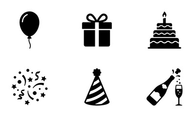 Naklejka premium Birthday Party Icons: Balloon, Gift Box, Cake, Confetti, Hat, Champagne Celebration Vector Set