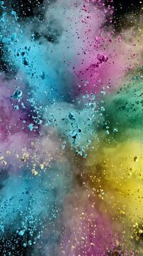 Vibrant Multicolored Powder Explosion - A dynamic explosion of vibrant multicolored powder bursts across a dark background.