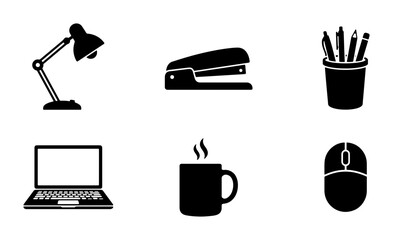 Fototapeta premium Office Supplies Icons: Desk Lamp, Stapler, Pen Holder, Laptop, Coffee Mug, Computer Mouse