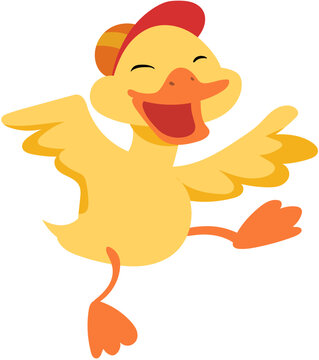 Cute Happy Yellow Duckling Wearing Red Cap Running Joyfully