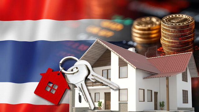 The Thai financial data display features the Thailand flag, a house model, keys, and coin stacks, illustrating the economic impact of Thailand's real estate market, housing loan and interest policies