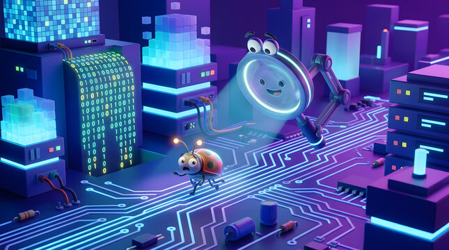Cute cartoon characters exploring a futuristic circuit board city with glowing lights.