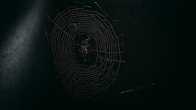 Intricate spider web glistening against a pitch black textured wall, created with generative AI for dark aesthetic media and seasonal banners.