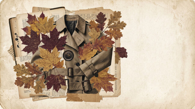 vintage botanical collage with autumn leaves and trench coat jacket