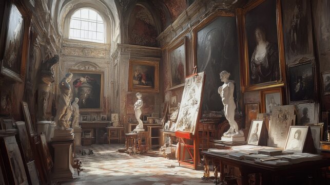 Sunlit sculpture studio with classical statues and artworks in disarray