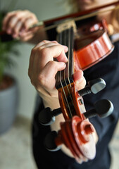 Violin classic musical instrument. Classical player hands. Details of violin playing. © Marina Dubin