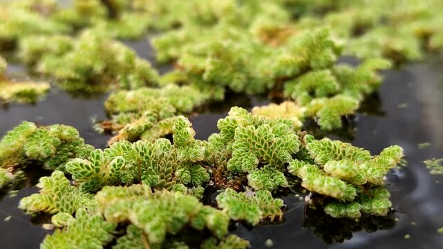 Azolla microphylla or Mexican mosquito fern or Azolla mexicana aquatic fern floating on water. This plant has a high plant-based protein content, making it ideal as animal feed