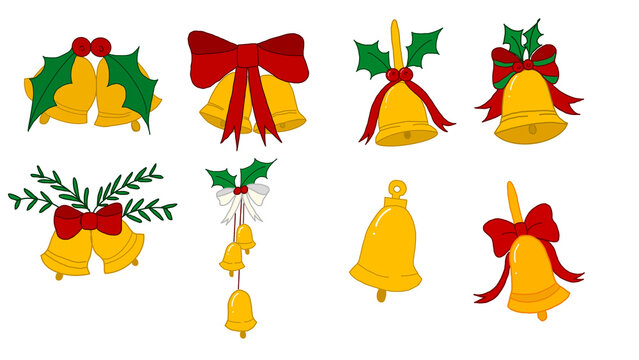 Cute hand drawn golden Christmas bells set
