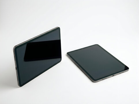Dual tablet computer setup featuring vertical and horizontal grey digital devices with reflective black screens on plain white studio background for modern interface design.