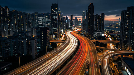 Obraz premium Night cityscape with light trails of traffic on a highway through Hong Kong city