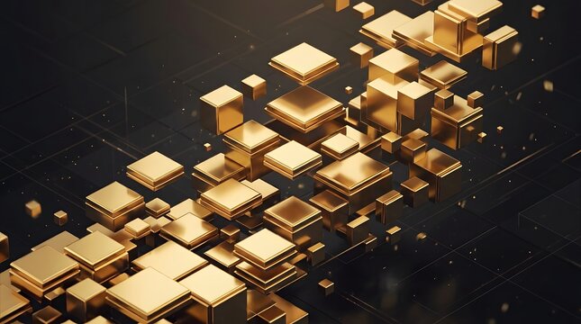 Abstract 3D Golden Cube Background with Geometric Shapes and Metallic Texture for Technology and Finance Concepts