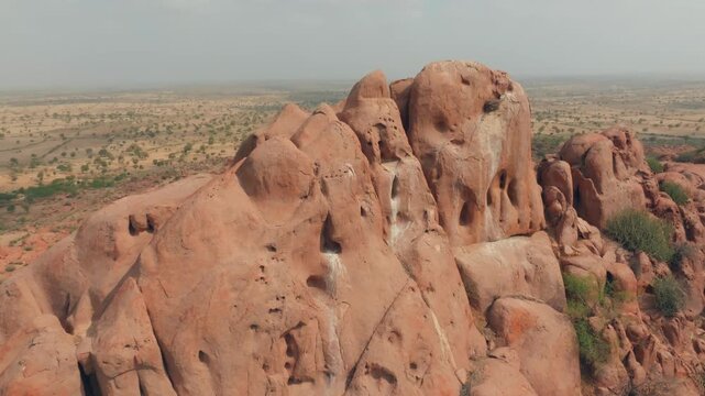 Aerial view showing arid landscape with unique granite rock formations in the Thar Desert