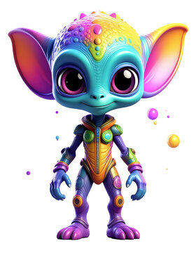 Cute colorful 3D alien full-body character with big eyes, cheerful smile, playful pose, isolated on a transparent background.
