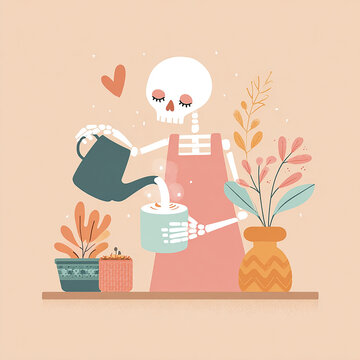 Cute skeleton in apron pouring hot milk into coffee cup near houseplants flat illustration