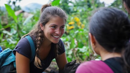 Fototapeta premium Smiling young female in group setting with backpack outdoors