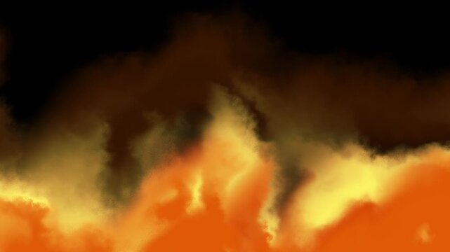 Intense abstract fiery inferno flames with glowing embers and dark smoky background in dramatic orange and yellow hues