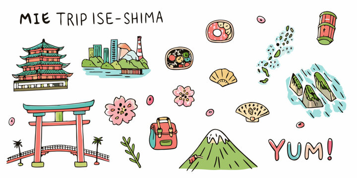 Ise shima travel themed doodle illustrations on a white background