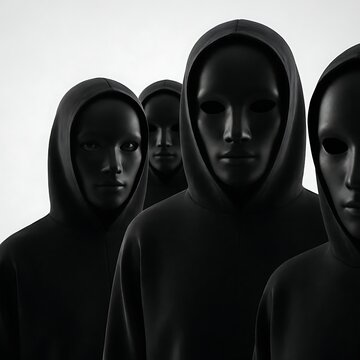 Group of mysterious people wearing black hoodies and plain dark face masks