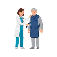 Obraz premium Female Doctor Assisting Elderly Patient with a Protective Lead Apron for Medical X-ray Imaging Procedure