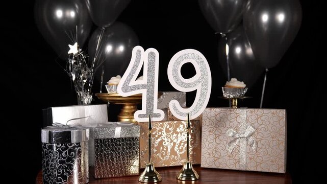 Silver Number 49 with Silver Glitter Sparkles with Gifts and Balloons and Cupcakes for Party Forty Nine