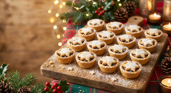 Fruit mince pies arranged on wooden board with festive pine decorations for traditional Christmas holiday dessert
