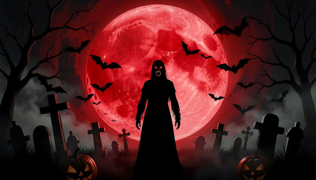 Terrifying dark figure standing in a graveyard before a huge glowing red blood moon with flying bats, created with generative AI for horror posters.