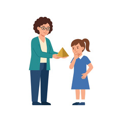 Fototapeta premium Female Teacher Showing a Geometric Pyramid Shape to a Thoughtful Schoolgirl in Classroom