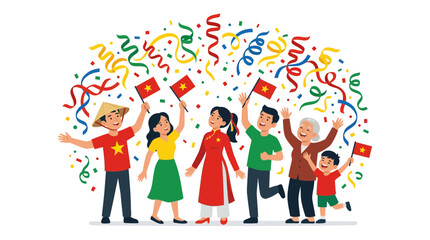 Fototapeta premium Group of Happy Vietnamese People Celebrating with Flags