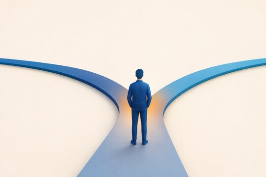 Businessman facing two diverging paths and making a decision