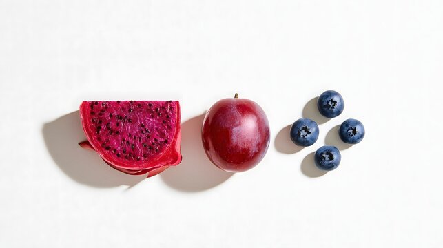 Fruit, sliced dragon fruit, purple grapes and blueberries on white background, minimal composition with copy space